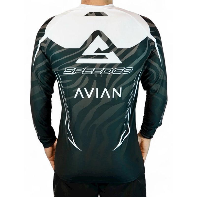 The Speedco / Avian Race Jersey features black and white long sleeves, "Speedco" and "Avian" logos on the back, and delivers a sleek, aerodynamic fit for serious race-day competitors.
