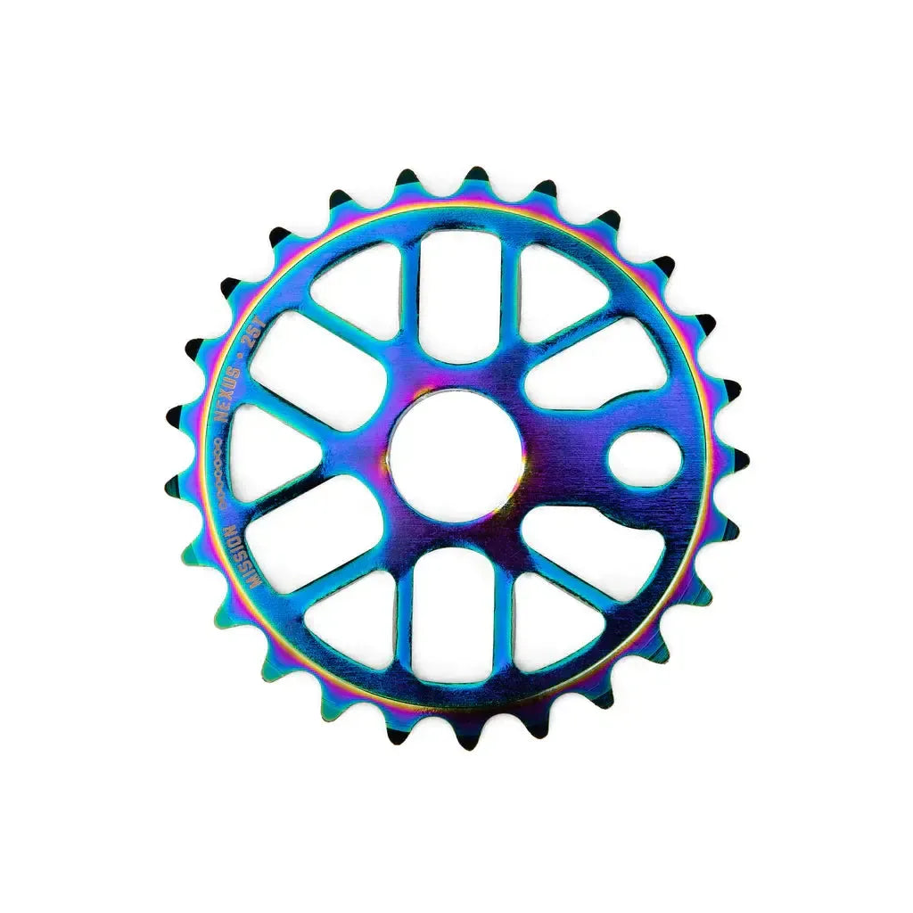 The Mission Nexus Sprocket is an iridescent BMX sprocket with 20 teeth, made from durable 6061 aluminium and shown on a white background.
