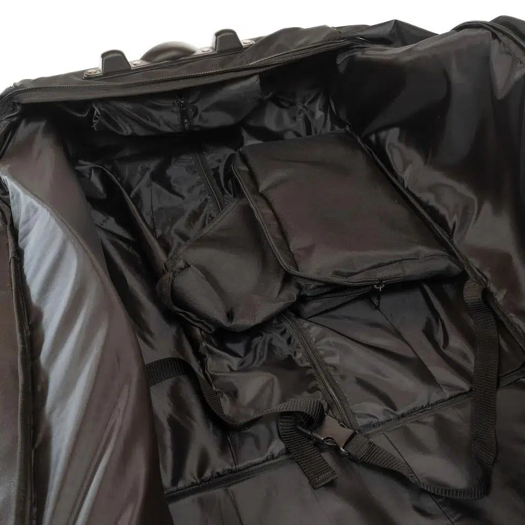 An open black Stay Strong Bike Carry Bag V2 with a small zipped compartment inside and elastic holding straps on the bottom, ideal for use as a race gear bag.