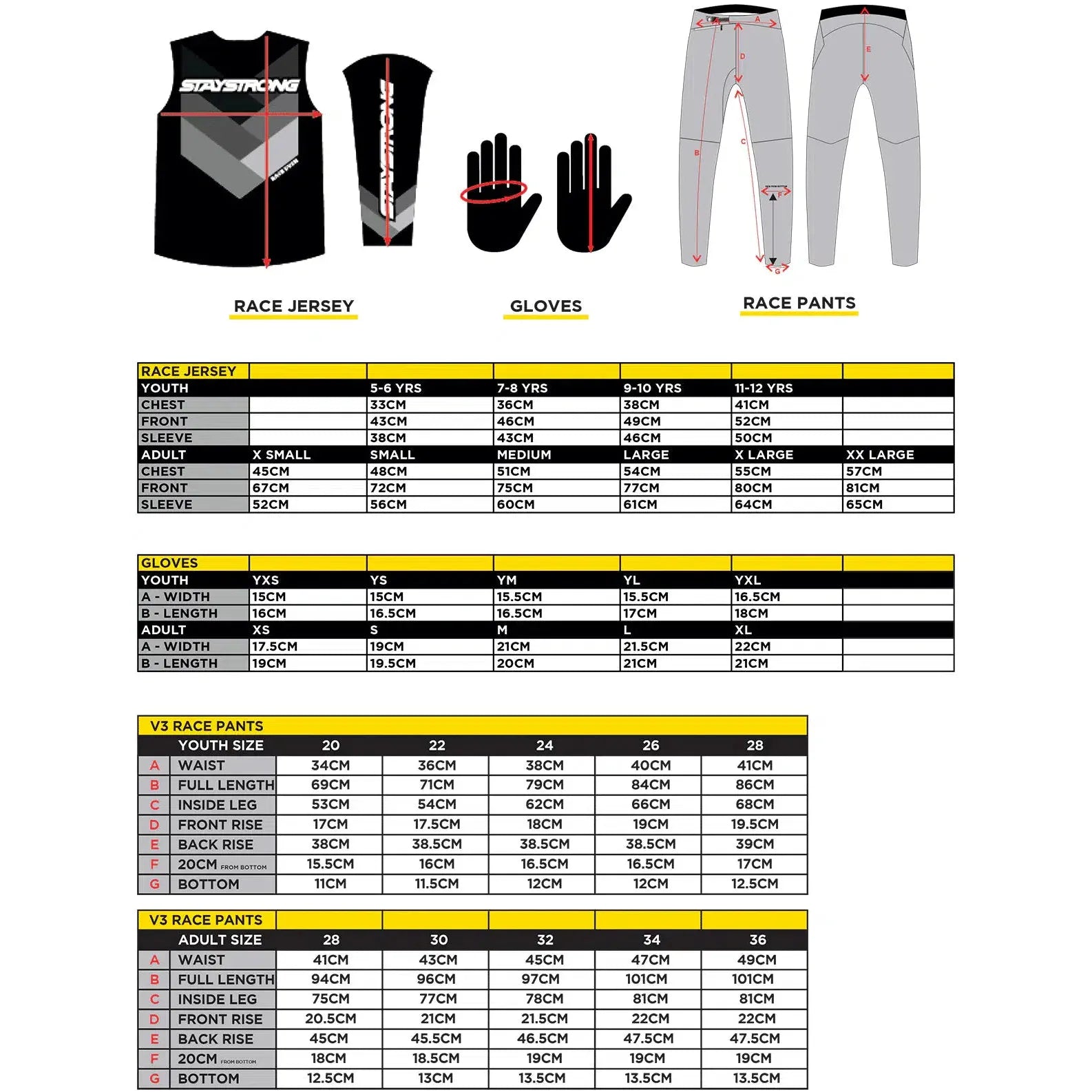 A detailed sizing chart for race gear, including jerseys, gloves, and pants with measurements tailored for various age groups and sizes. Ideal for training sessions, it provides comprehensive details on Stay Strong Mash-Up Gloves (Adult) to guarantee the perfect fit.