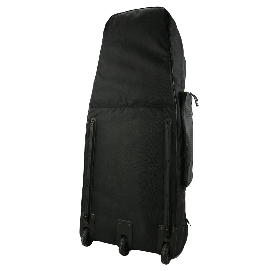 The Staystrong V4 Bike Bag, a large black cruiser wheel travel bag featuring two wheels and a zippered side pocket, is shown standing upright against a plain white background.