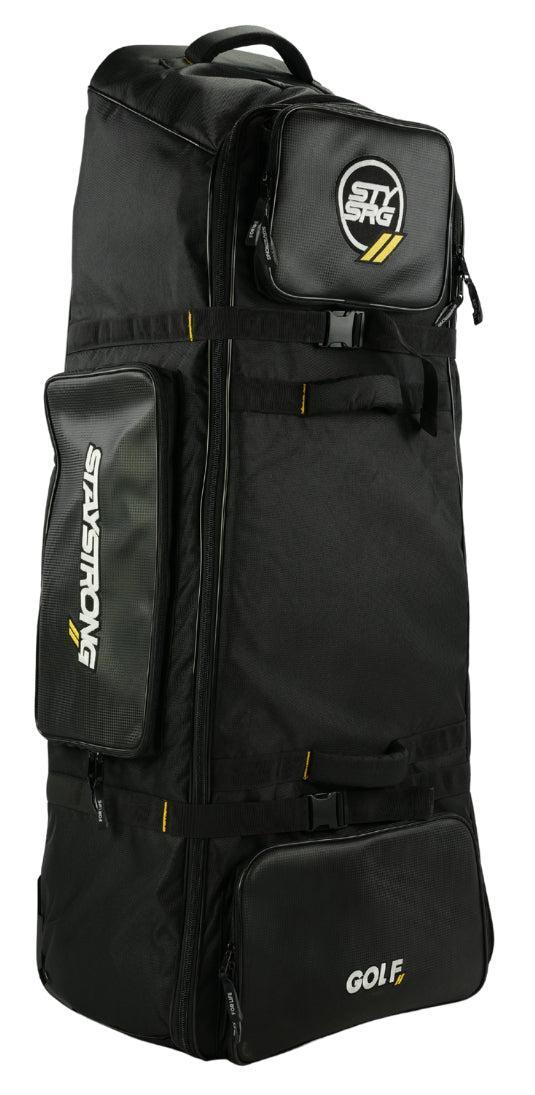 Large black rolling bike travel bag with multiple zippered compartments, carrying handle, and "Staystrong V4" logos visible on the exterior. Designed for versatility, this cruiser wheel bike bag ensures smooth mobility and reliable protection for your gear during every trip.