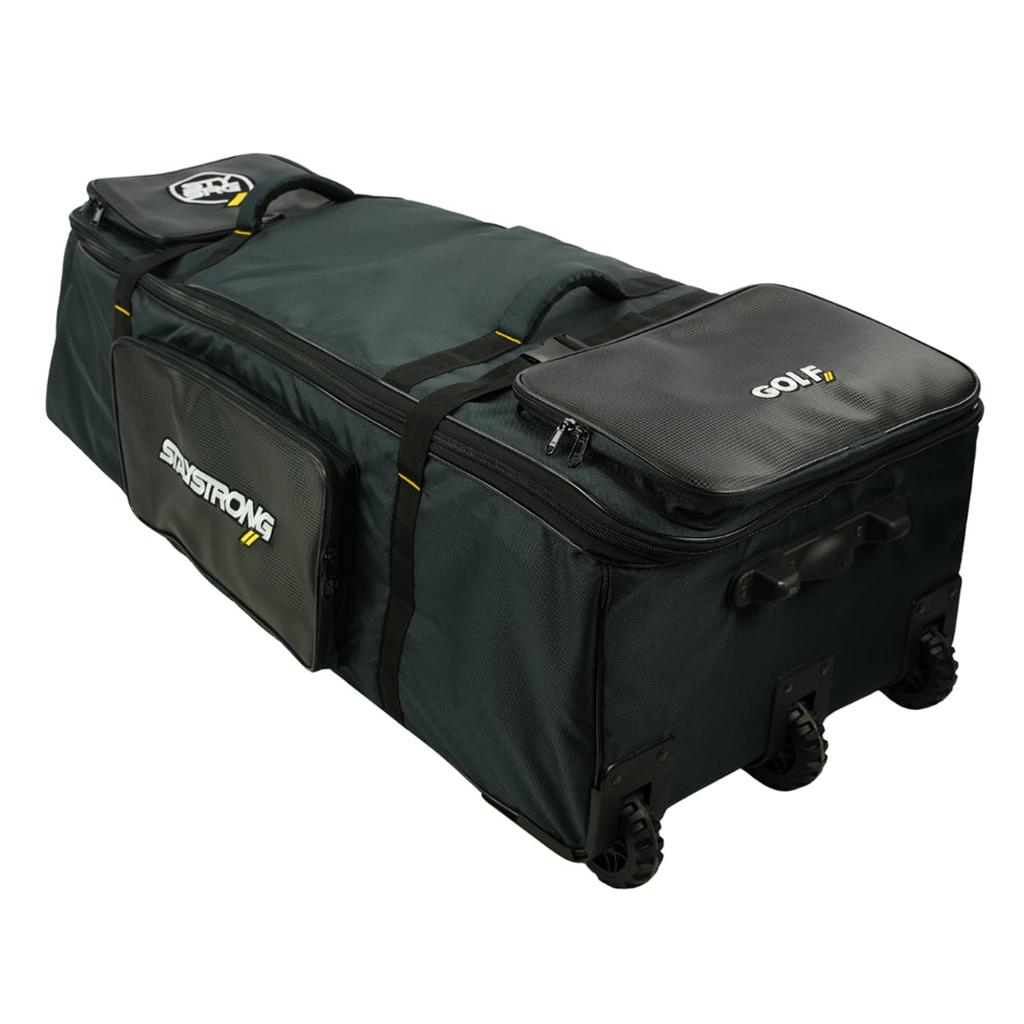 The Staystrong V4 Bike Bag, a black wheeled travel bag with zippered compartments, branded "Staystrong" and "GOLF," is shown on a white background.