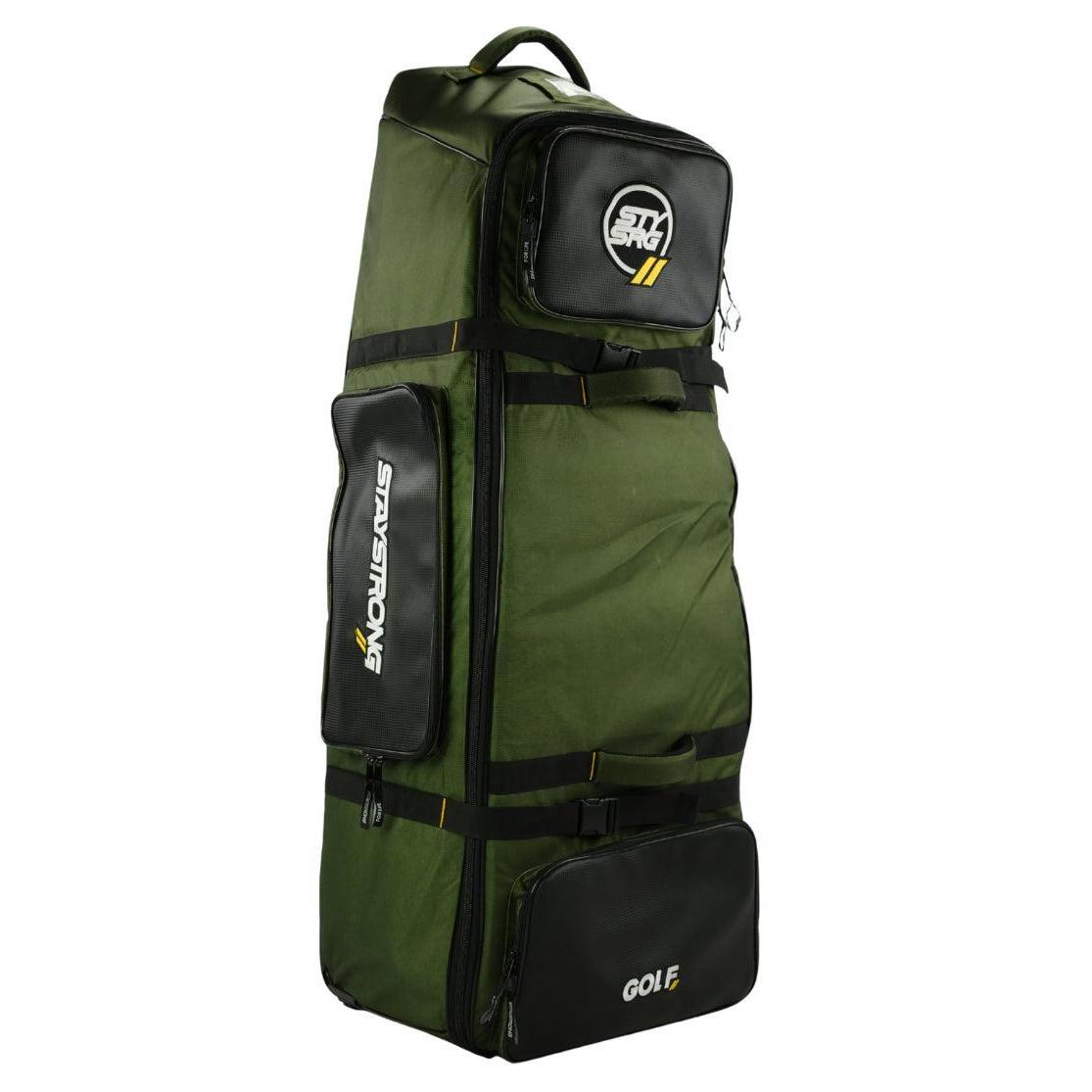 Large green and black Staystrong V4 Bike Bag with multiple zippered compartments, handles, and the word "GOLF" displayed on the lower front pocket.