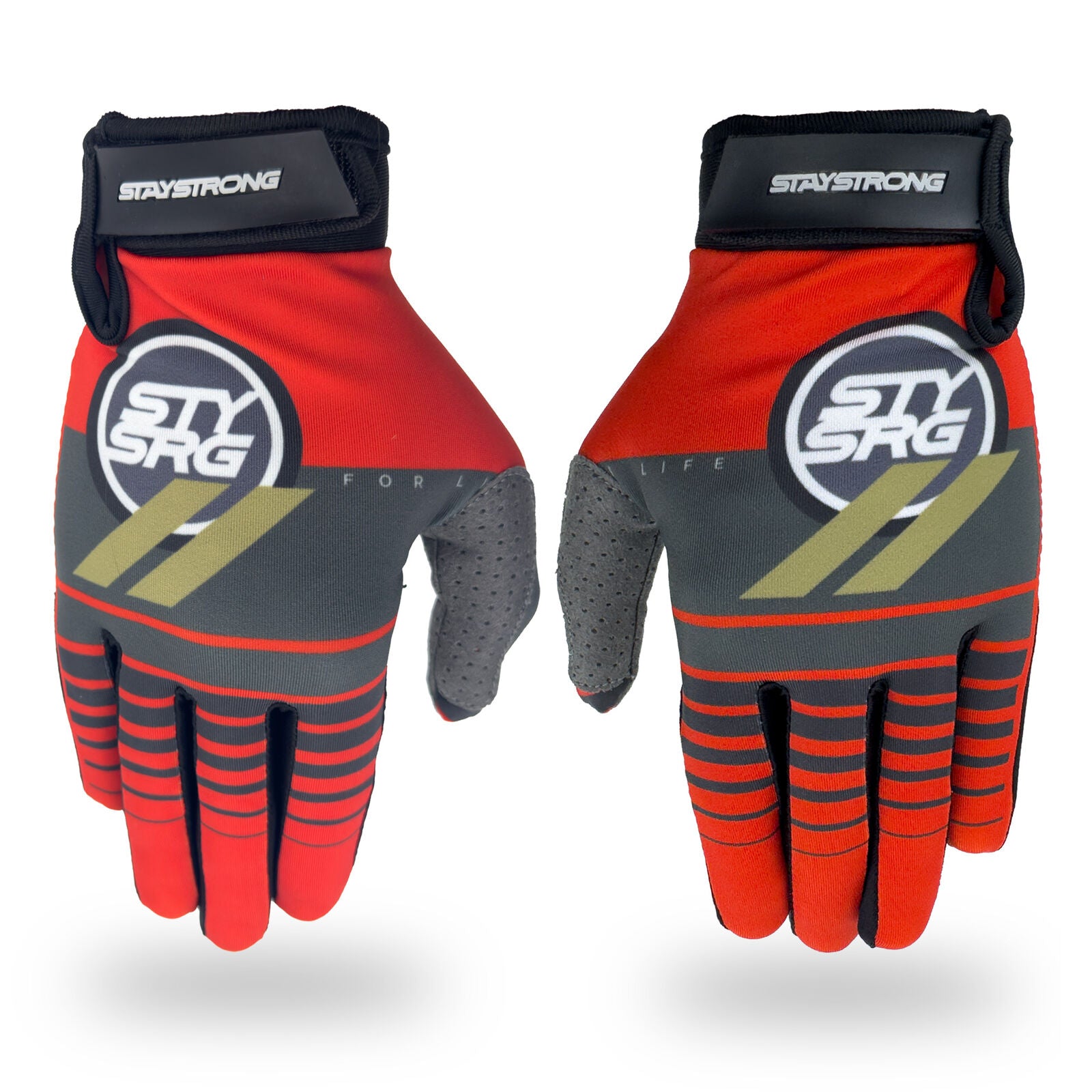 Staystrong Glove For Life Red—red, black, and gray track gloves featuring the “STAY STRONG” logo on the back and perforated palms for enhanced protection, displayed on a white background.
