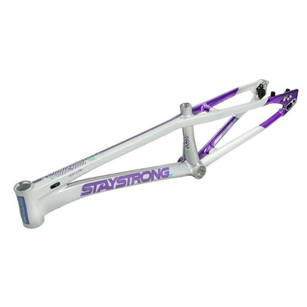 Staystrong V5.1 Pro XXXL Disc Frame in white and purple with "STAY STRONG" text printed on the side, engineered with race geometry for maximum power transfer, shown on a plain white background.