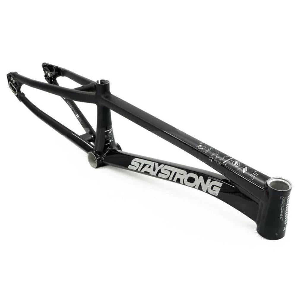 Staystrong V5 Disc Pro XXXXL BMX bike frame in black with white branding, viewed from the side against a white background. This aluminium race frame is built for durability and performance, and is compatible with disc brake setups.