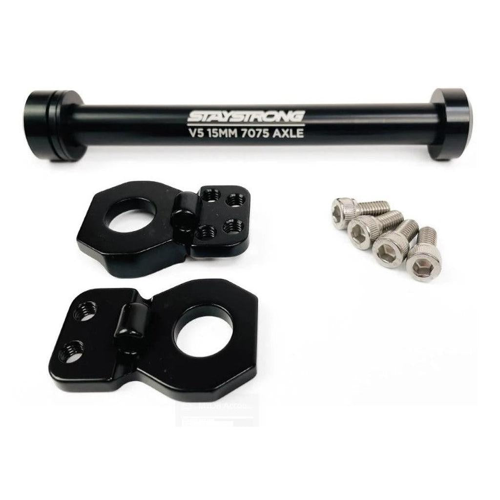 Staystrong V5 15mm Dropout and Axle Kit, featuring a black 7075 axle, two black mounting brackets, and four silver bolts arranged on a white background—perfect as a replacement dropout for your Staystrong V5 bike with a 15mm through axle.