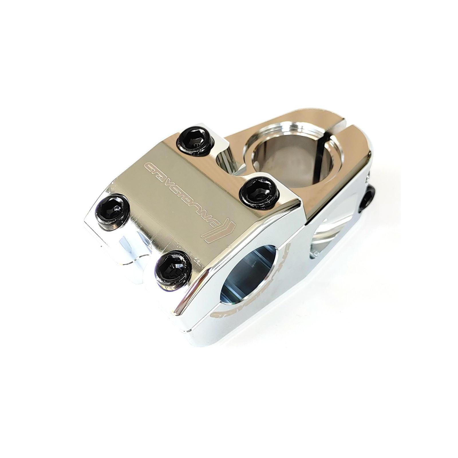 Close-up of the Staystrong Top Line Head Stem 1 Inch, a shiny, CNC machined alloy bicycle stem with four black bolts and brand engraving on the top plate, featuring cutouts to save weight.