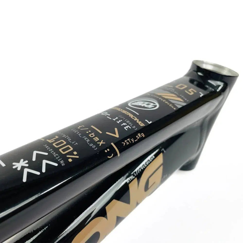 Close-up of a black aluminium race frame with various white and gold graphics, including numbers and symbols. The Staystrong V5 Disc Expert XL Frame, made from 6061 alloy tubing, features a sleek, aerodynamic design.