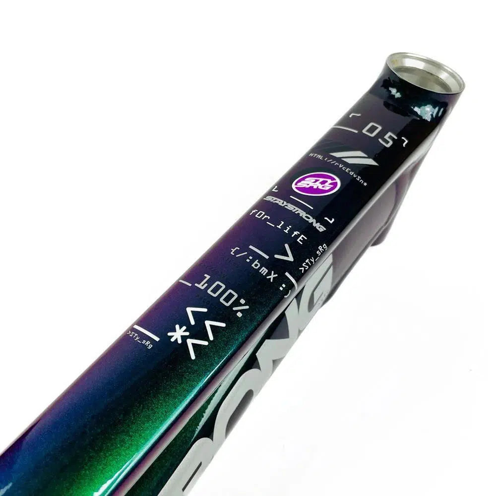 Close-up image of a multi-colored bicycle frame displaying various logos, text, and symbols printed on its surface, featuring the sturdy 6061 alloy tubing of the Staystrong V5 Disc Expert XL Frame.