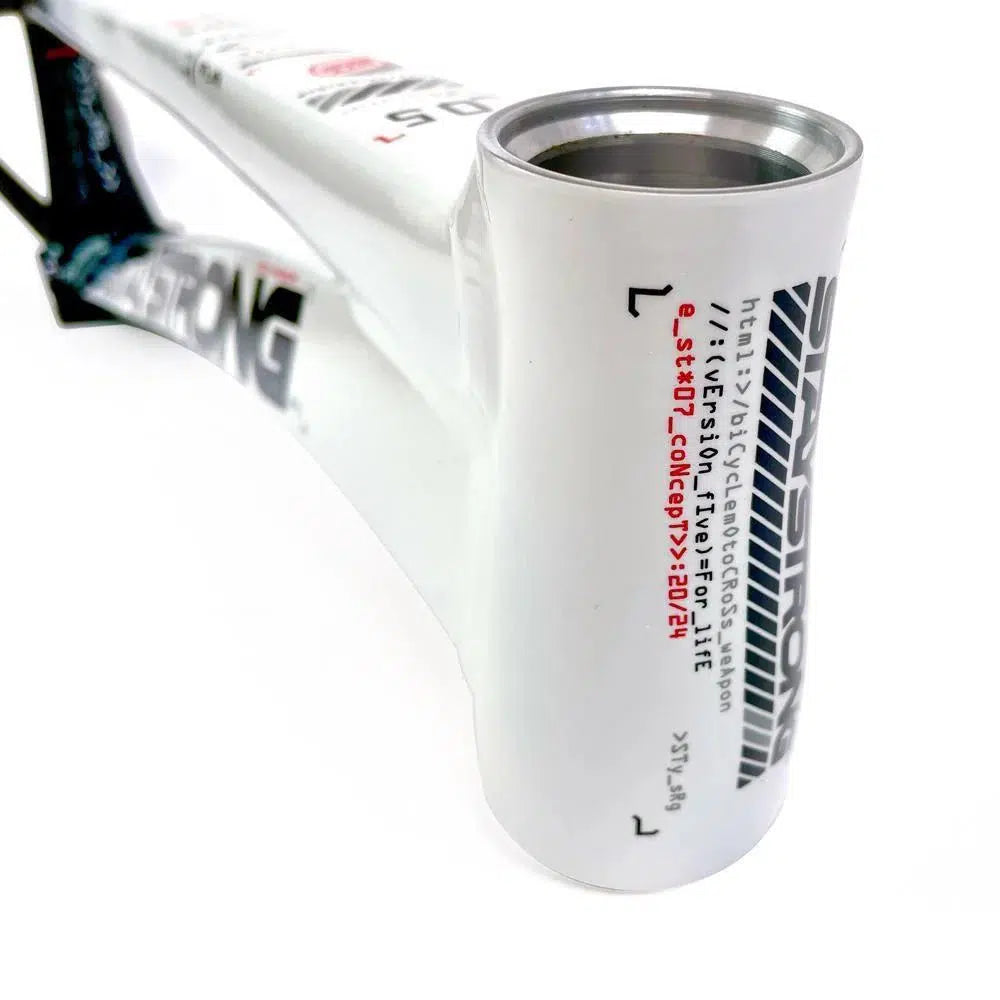 Close-up image of a Staystrong V5 Disc Pro Cruiser Frame featuring printed text and logos, primarily focused on the head tube section crafted from 6061 alloy tubing.