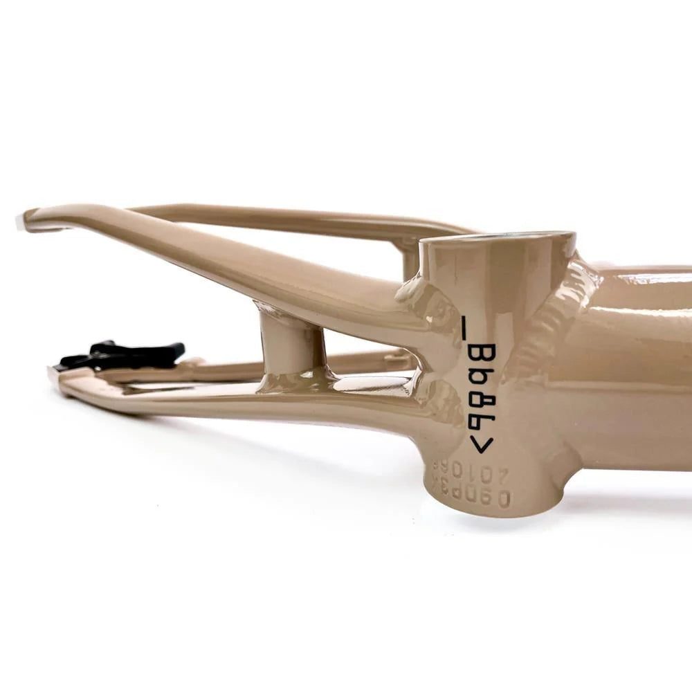 Close-up view of a Staystrong V5 Disc Pro XXL Cruiser Frame in beige aluminium, highlighting the bottom bracket and seat stays, with black serial numbers visible on the metal surface.