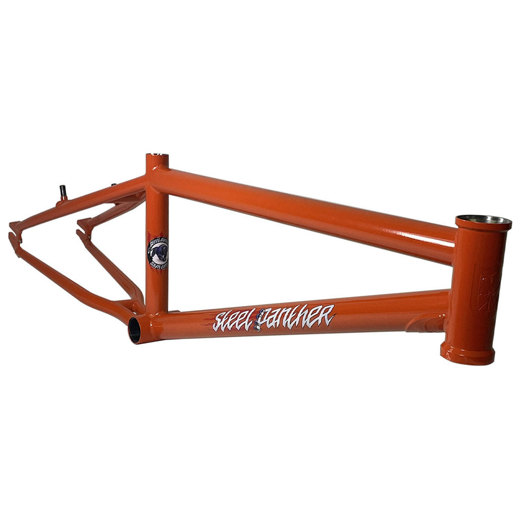 S&M Steel Panther BMX race frame with "speed freakz" logo on the downtube, isolated on a white background.