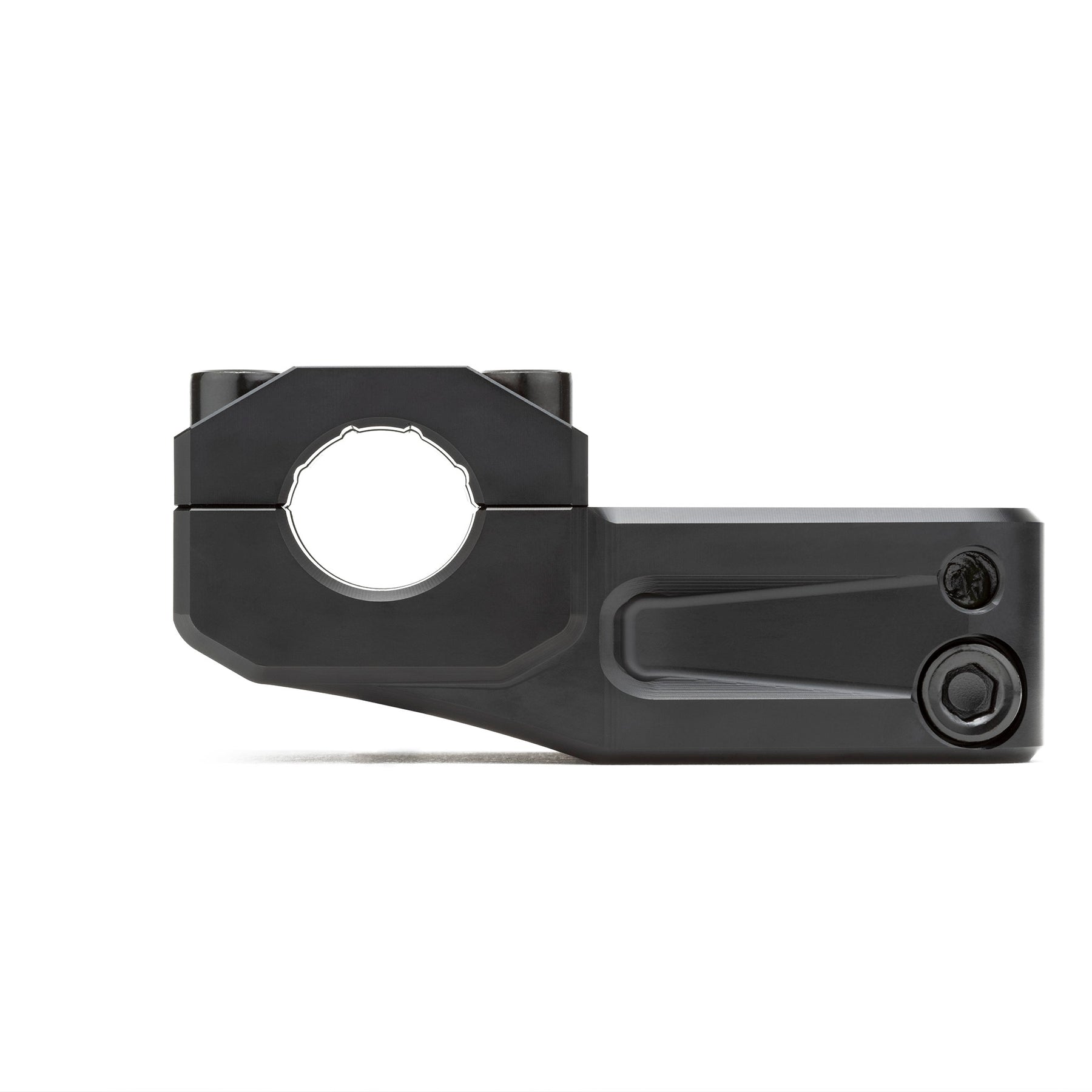The Kink Gavel Stem is a black CNC machined BMX stem with a cylindrical clamp opening on one side and two bolts on the other, shown from the side against a white background.