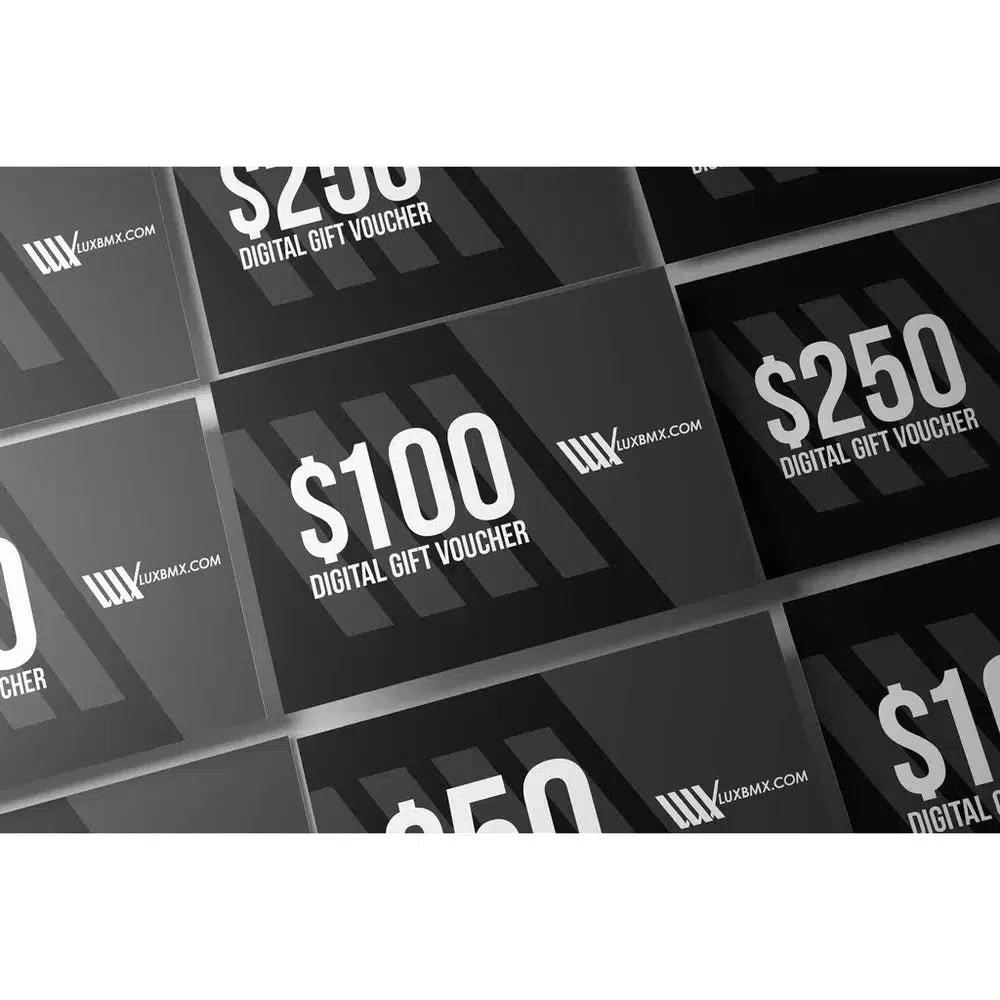 Multiple Store Credit digital vouchers from luxmax.com are displayed, featuring values of $100 and $250 on a sleek black background with white text.