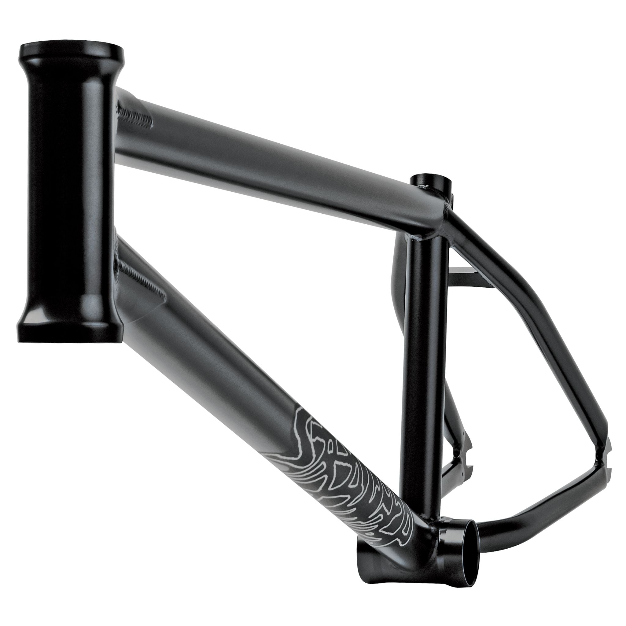 A black Stranger Royale Frame with a metallic finish and tribal-style graphics on the down tube, made from durable Japanese Chromoly tubing, set against a plain black background.