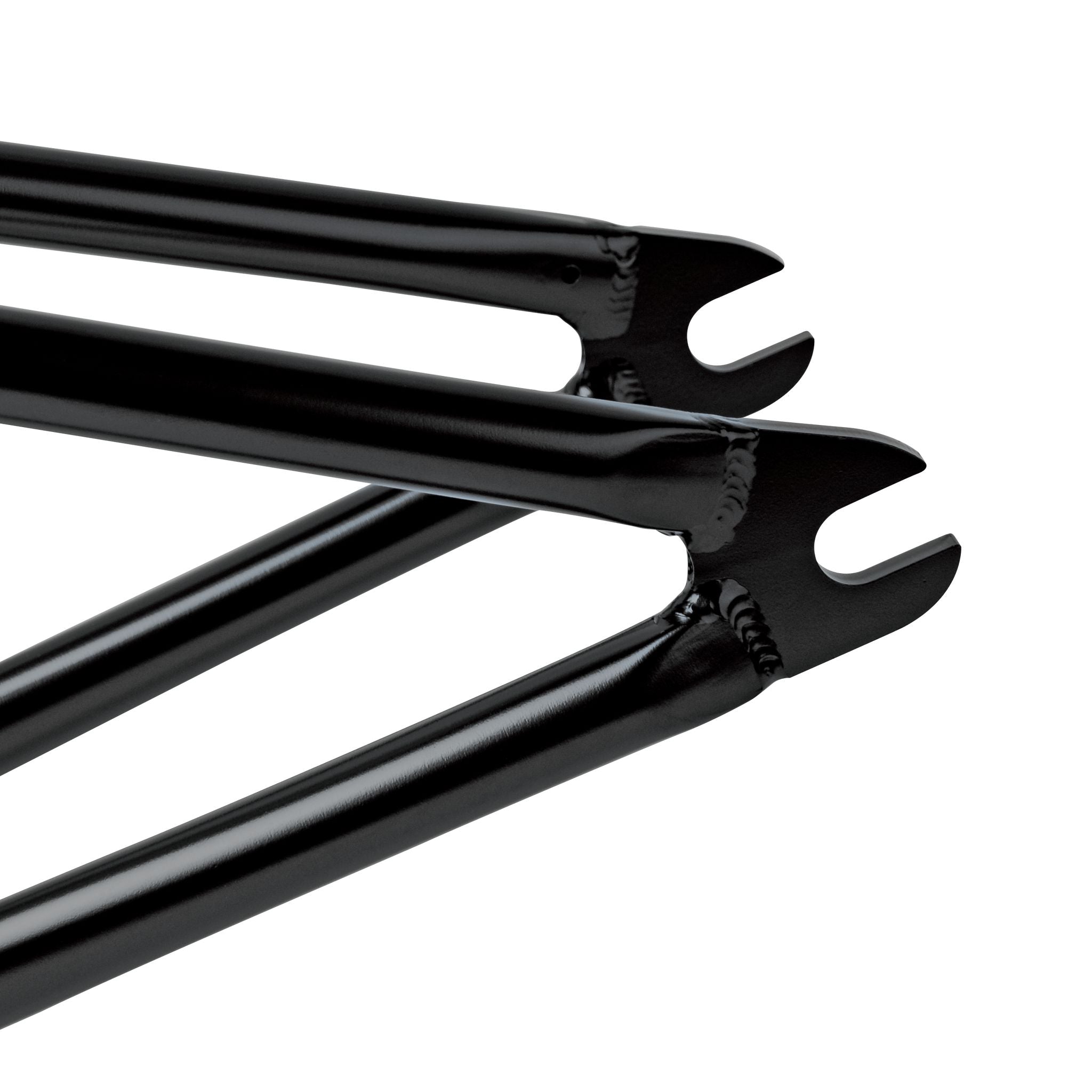 Close-up of the front fork dropouts on a Stranger Royale Frame, featuring durable Japanese Chromoly tubing, against a black background.