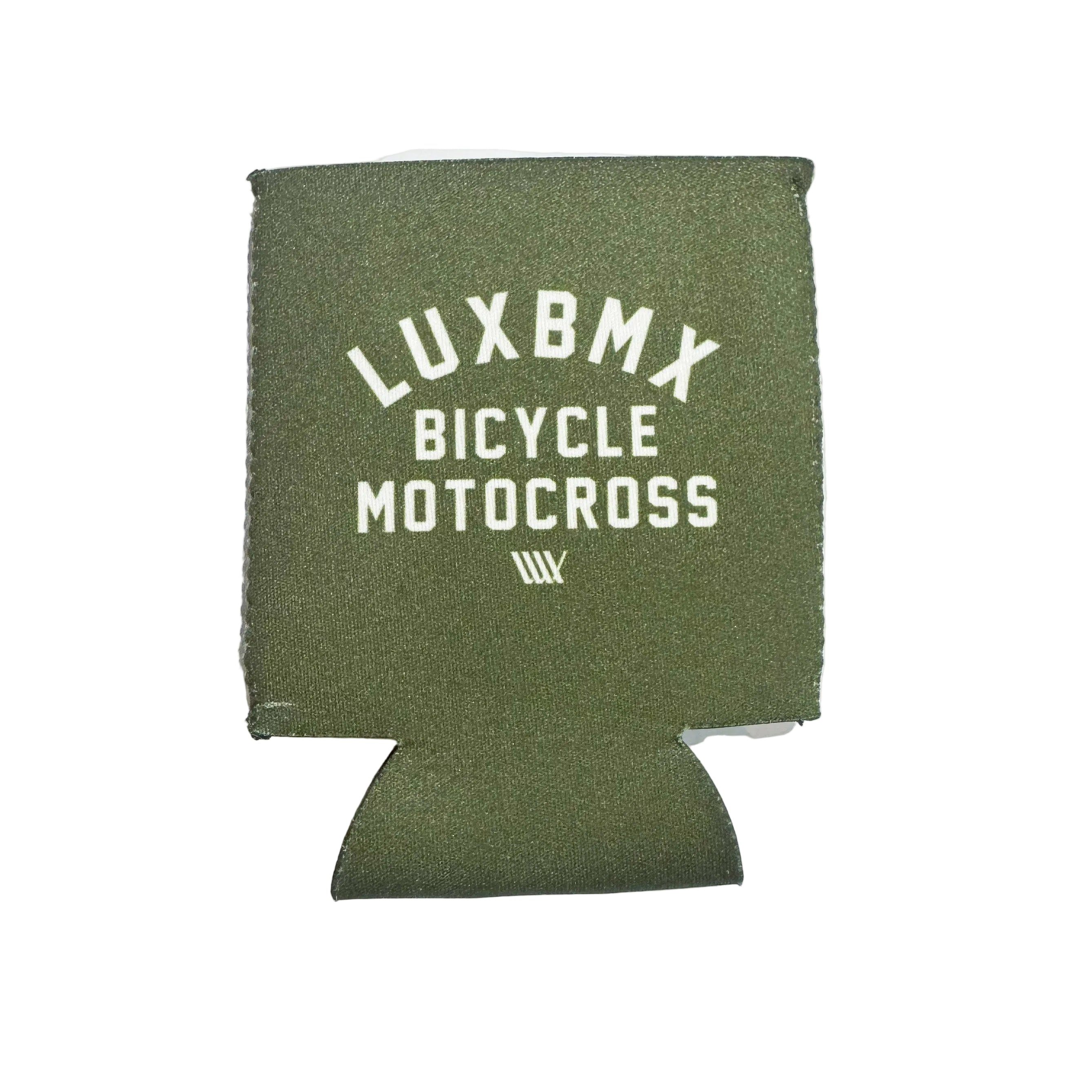 The LUXBMX Stubby Cooler / Bicycle Motocross is a green cooler featuring "LUXBMX BICYCLE MOTOCROSS" printed in white on the front.