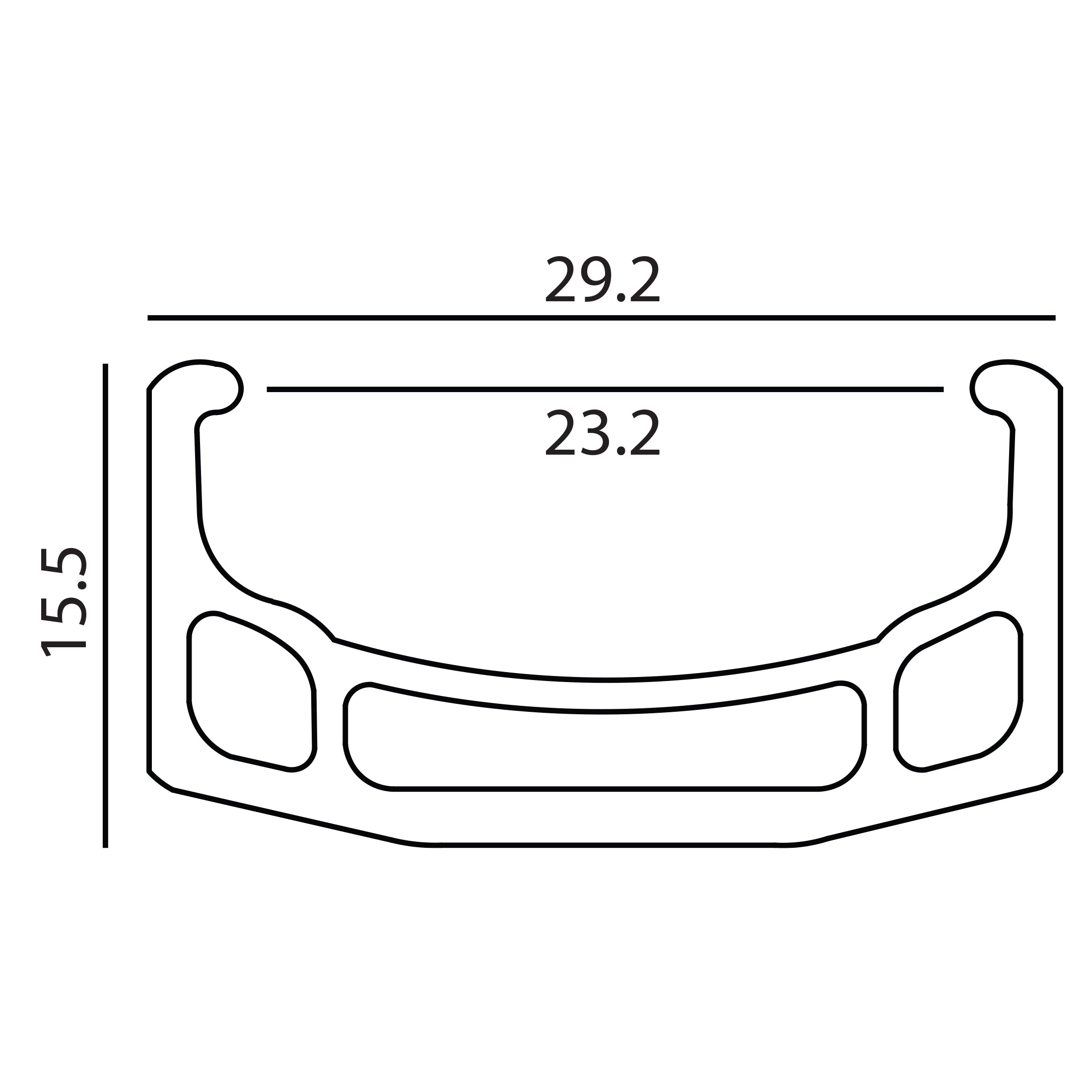 Technical drawing of a U-shaped Sun Rhyno Lite Rim, inspired by the Sun Ringle Rhyno Lite XL, with outer width 29.2 units, inner width 23.2 units, height 15.5 units, and internal compartments.
