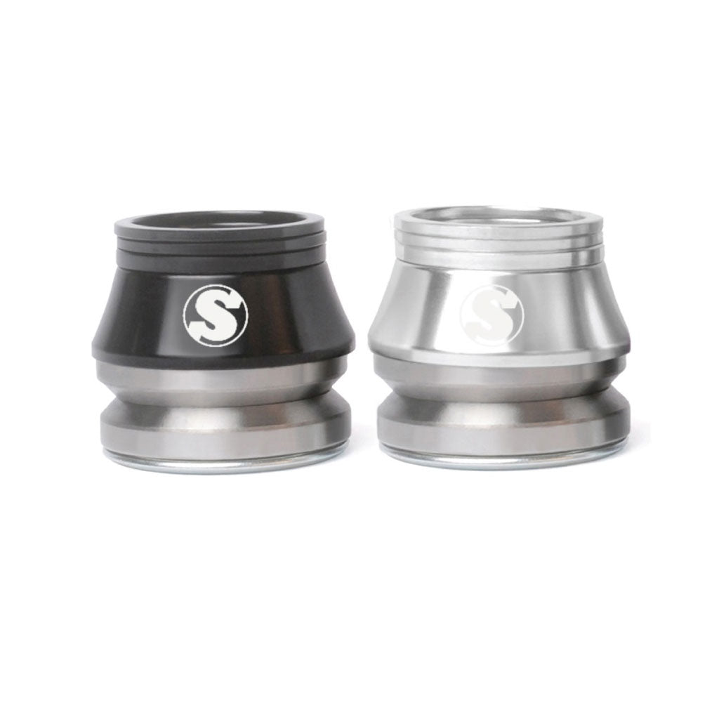 A pair of stainless steel rims on a white background, featuring a black design and Sunday conical Integrated Headset logo.