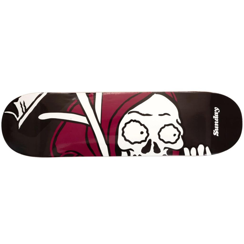 The Sunday Creepy Sweeper Skateboard Deck showcases a cartoon skeleton in a red hood on black. Made from durable Canadian Hard Rock Maple, it offers both quality and unique style for skaters.