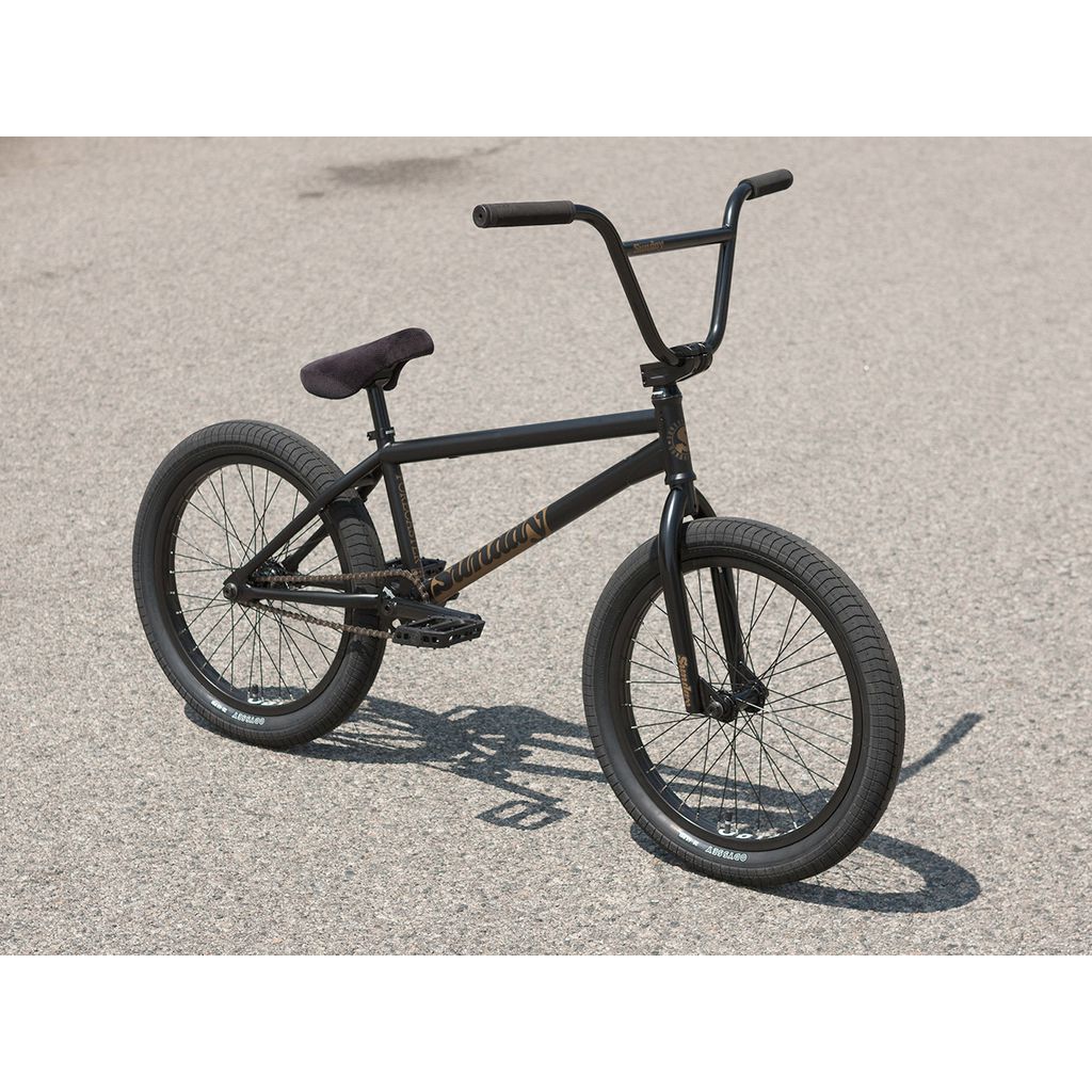A Sunday Forecaster Broc Raiford 20 Inch Bike (2023) with a black chromoly frame and Broc Raiford Signature features is parked on a concrete surface. It boasts high handlebars, a padded seat, thick tires, and no visible gears or brakes.