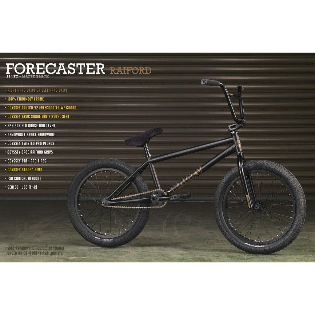 Side view of a matte black, Sunday Forecaster Broc Raiford 20 Inch Bike (2023) against a corrugated metal backdrop. Text lists features including a 100% chromoly frame, Odyssey clutch V2 freecoaster, and aftermarket parts.
