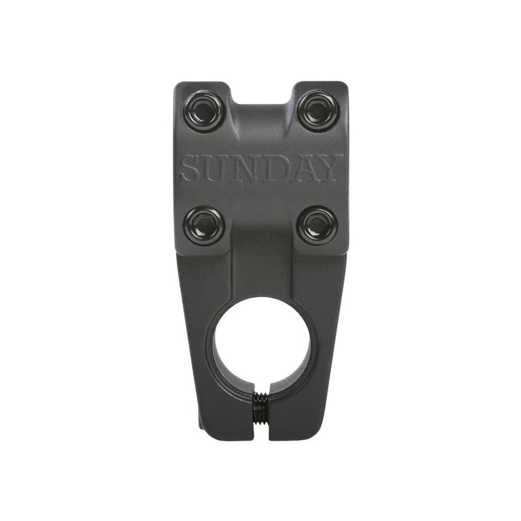 The Sunday Freeze T/L Stem is a die-cast aluminum top-load stem featuring the brand's name engraved, with four bolt holes and a visible clamp for secure handlebar attachment.