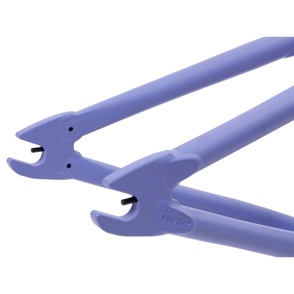 Close-up of the purple Sunday Street Sweeper Frame (Jake Seeley Signature) dropouts, featuring the brand name "Sunday," shows off its robust Chromoly ideal for street rides.