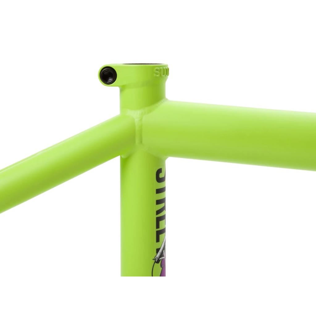 The Sunday Street Sweeper Frame (Jake Seeley Signature) boasts a lime green chromoly design with clean lines, smooth welds, and a white logo near the joint, offering durability and style ideal for street sweeper fans.