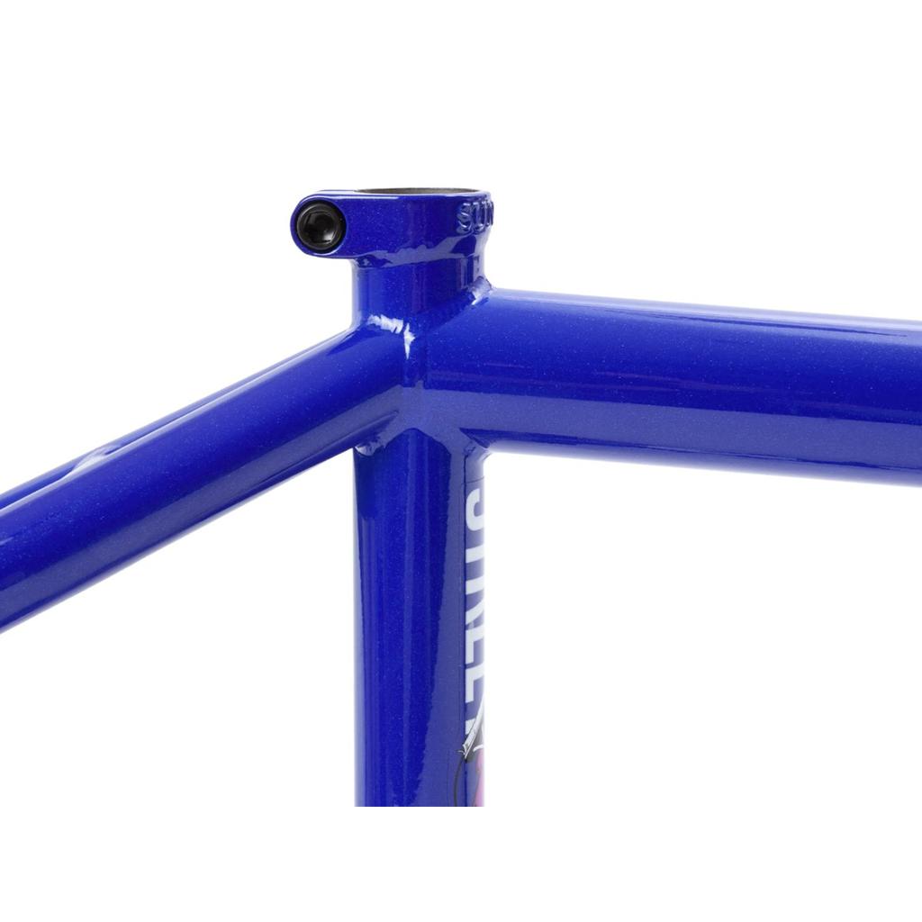 Close-up of a blue Sunday Street Sweeper Frame (Jake Seeley Signature) joint against a white background, showcasing its sleek design.