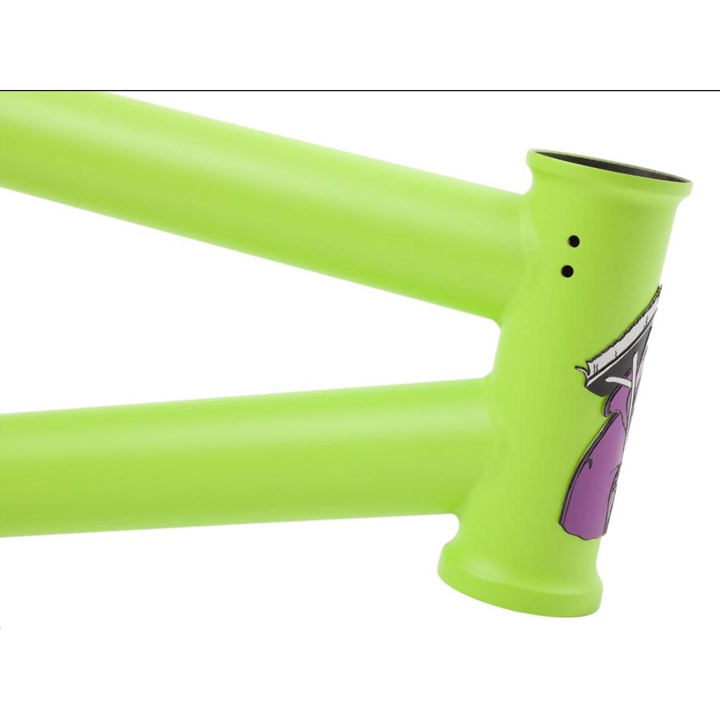 Close-up of a neon green Sunday Street Sweeper Frame (Jake Seeley Signature), showcasing the Chromoly head tube and top tube with a partial illustration.
