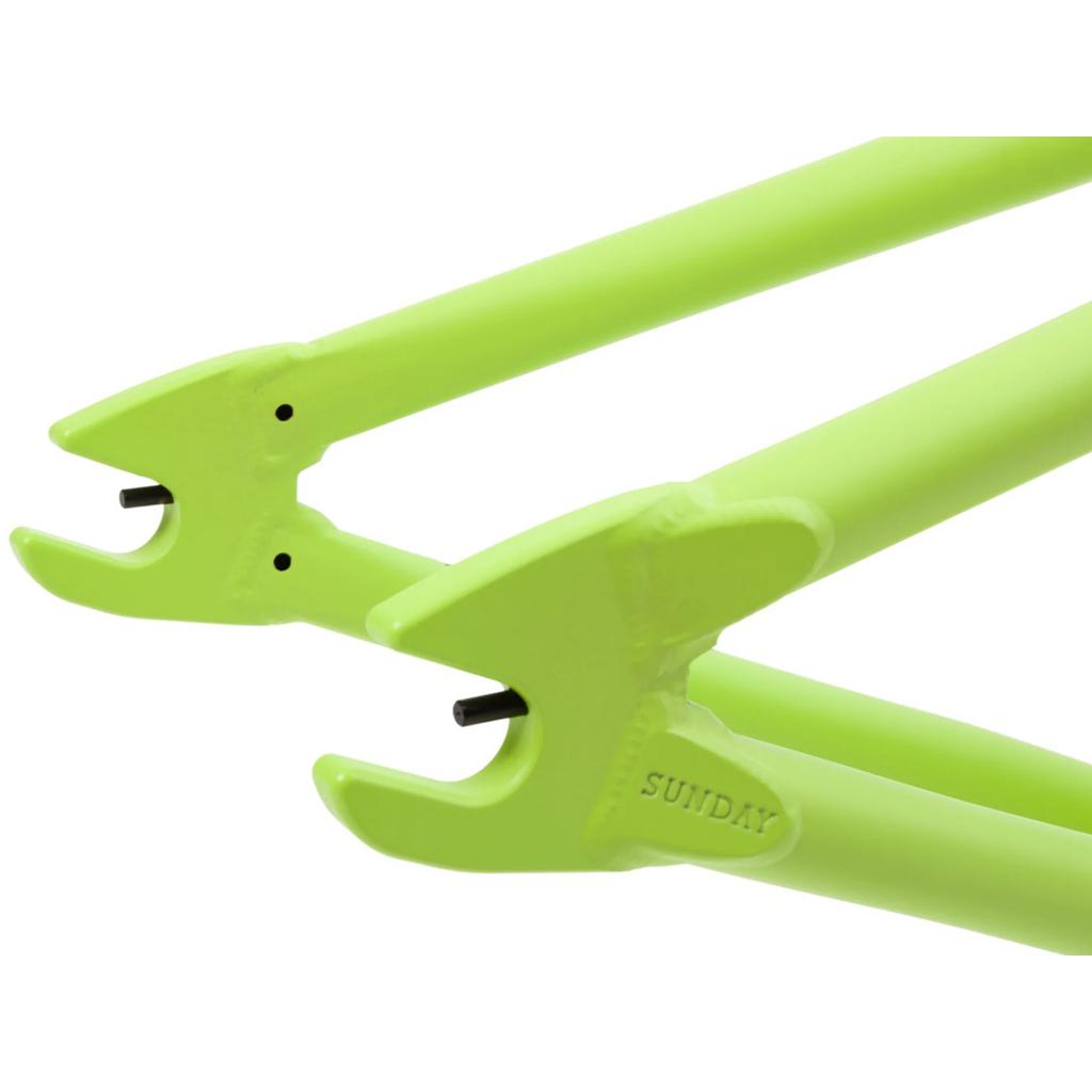 Close-up of the lime green dropouts on the durable 4130 Chromoly Sunday Street Sweeper Frame, Jake Seeley Signature, featuring "Sunday" elegantly engraved on one side.