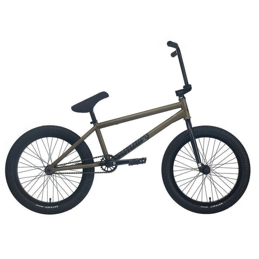 The Sunday Wave Length 20 Inch (Gary Young) Bike showcases a matte olive green chromoly frame with black Odyssey handlebars, saddle, and wheels, set against a white background.