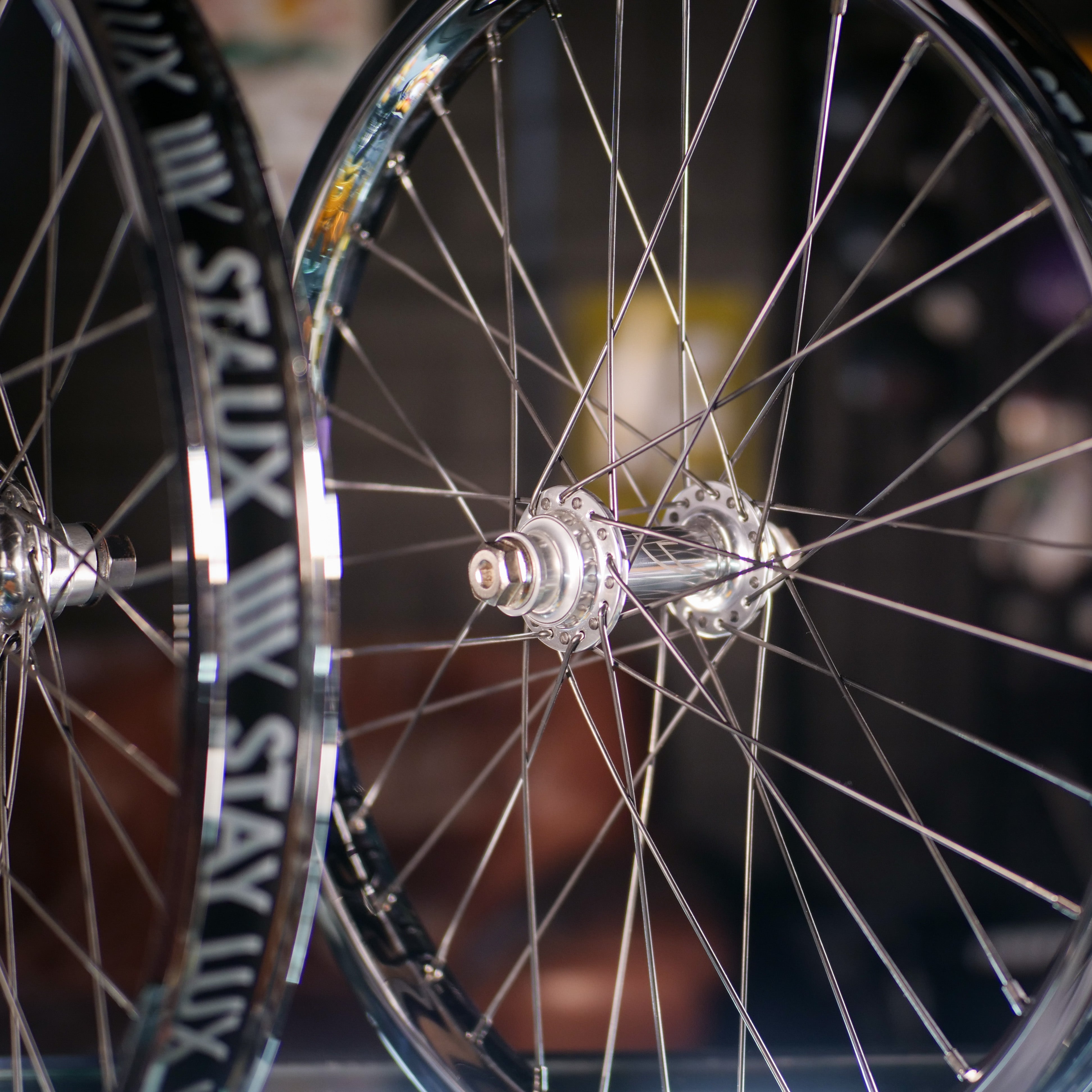 Close-up of two bicycle wheels with metal spokes and shiny Tall Order hubs, featuring GSport Birdcage rims, side by side against a blurred background in this Tall Order X Birdcage Custom Wheelset.