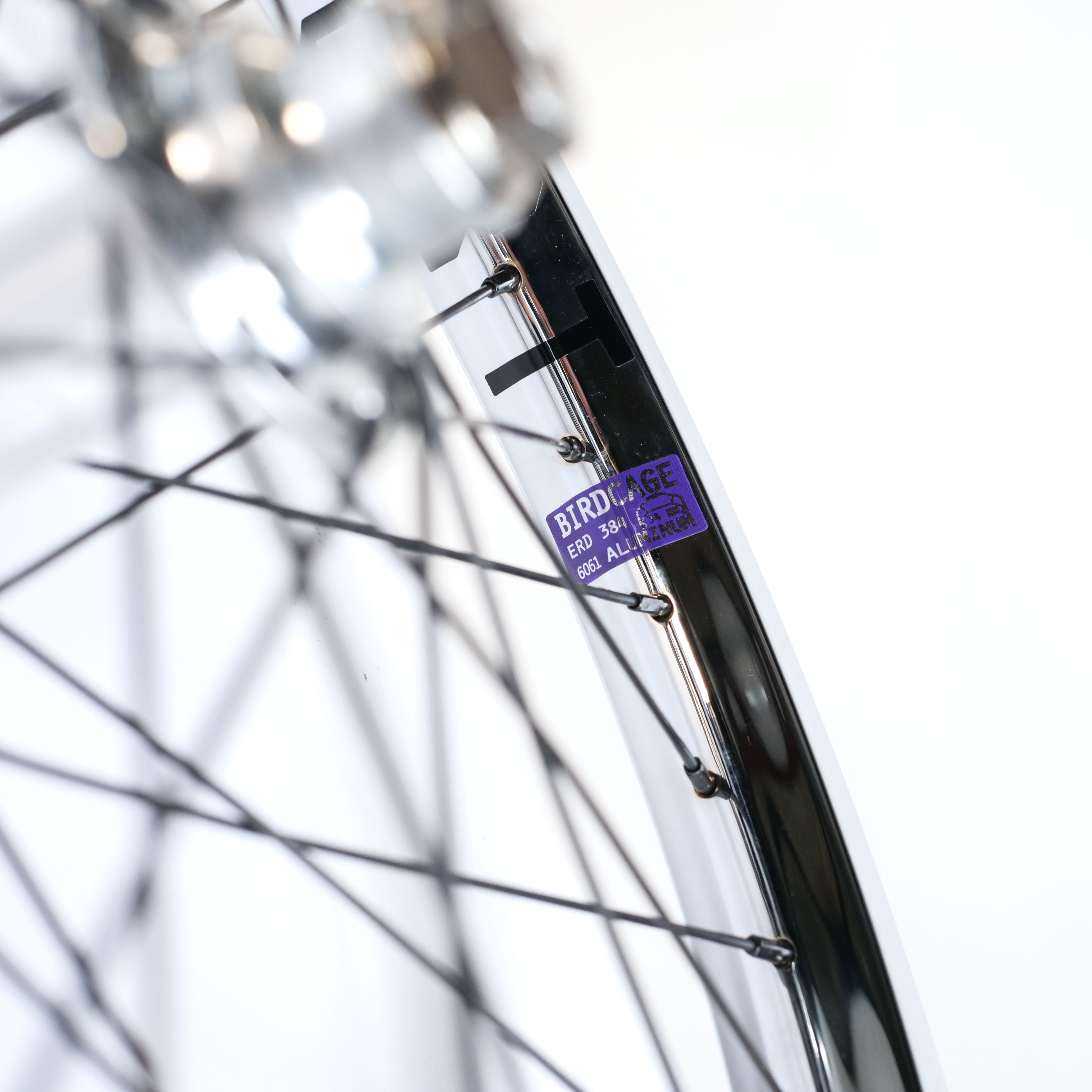 Close-up of a Tall Order X Birdcage Custom Wheelset rim with a purple "Birdcage" label and black spokes, shown against a white background.