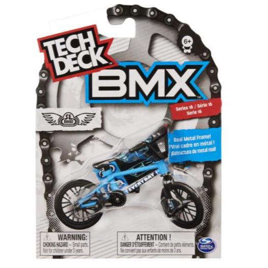 The Tech Deck BMX Bike (Assorted Models, Sold Individually) features vibrant blue packaging. This replica BMX includes a small parts warning and is recommended for ages 6 and up.