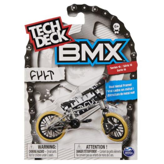 Packaging for a Tech Deck BMX Bike (Assorted Models, Sold Individually) features a solid metal frame mimicking real BMX bikes. Includes a warning about small parts that pose a choking hazard for children under 3.