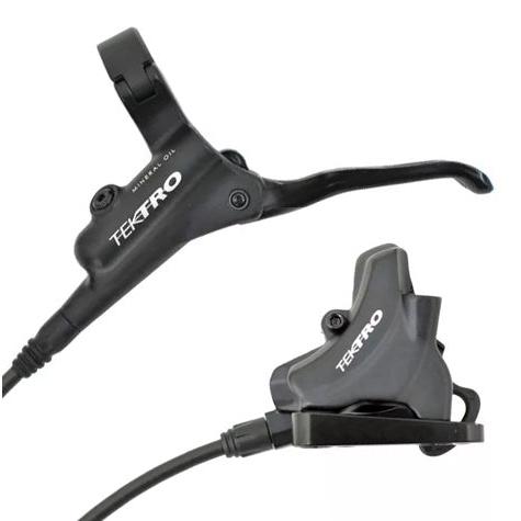 Close-up of the Tektro HD-R510 LH Disc Brake Kit, featuring a hydraulic disc brake lever and flat mount caliper set for bicycles, showcasing the branding and Shimano-type brake pads.