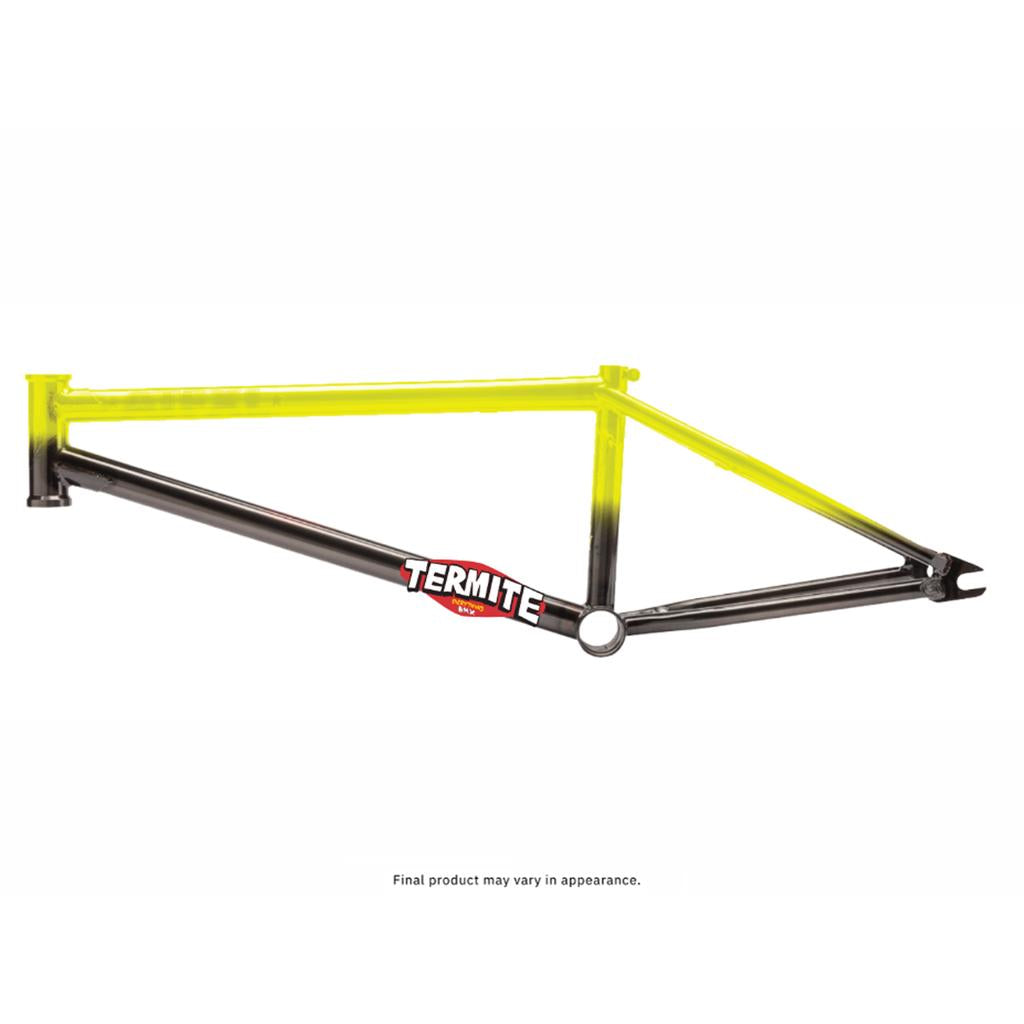 The S&M Termite ATF XL (Jonny Mackellar) 20 Inch Frame features a yellow top tube and black lower tubes, complete with a “TERMITE” logo on the lower front section in the distinctive Termite colourway.