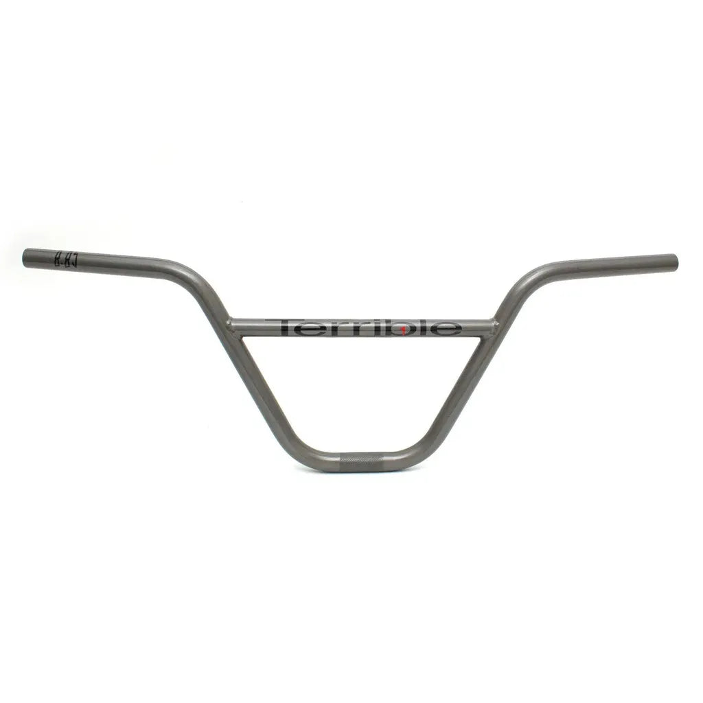 The Terrible One 2024 Classic Bars are gray metal BMX handlebars with a crossbar, made from durable 4130 CrMo, shown against a white background.