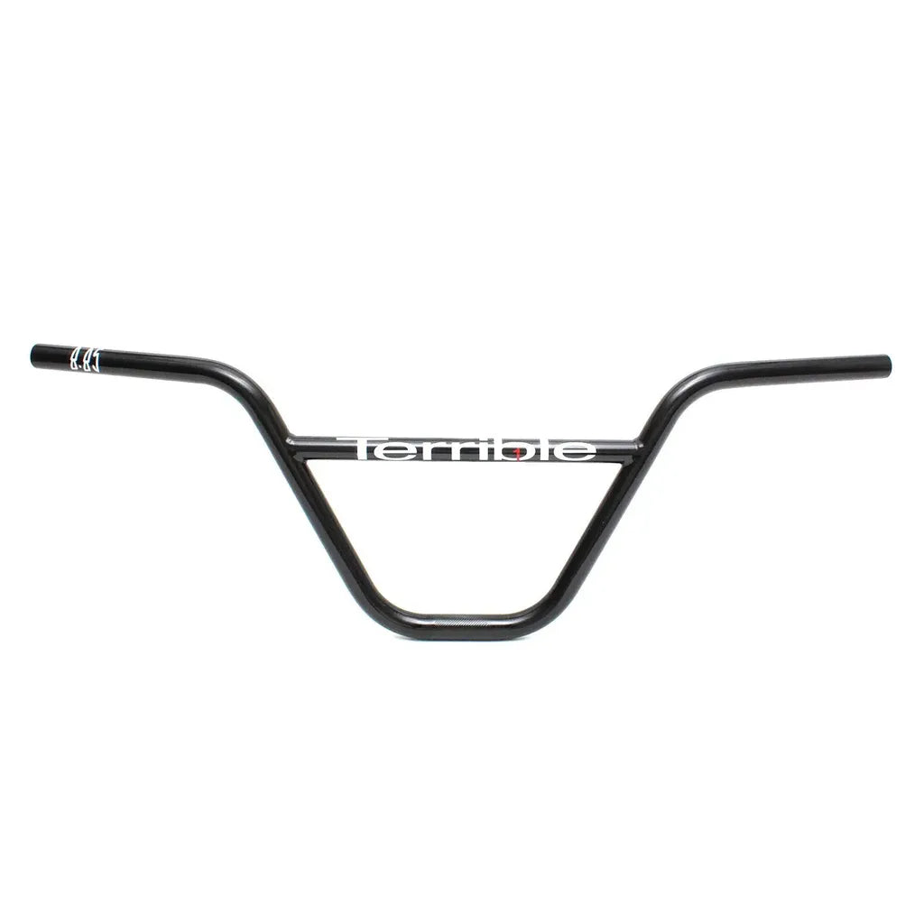 Terrible One 2024 Classic Bars: Black 4130 CrMo BMX handlebars featuring a white "terrible" logo at the center, inspired by the original Terrible One Classic Bars design.