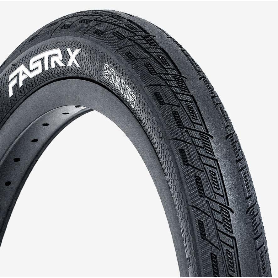 A Tioga FASTR X 20 Inch Tyre (Wire Bead) bicycle tire, featuring the word fastrx on it.