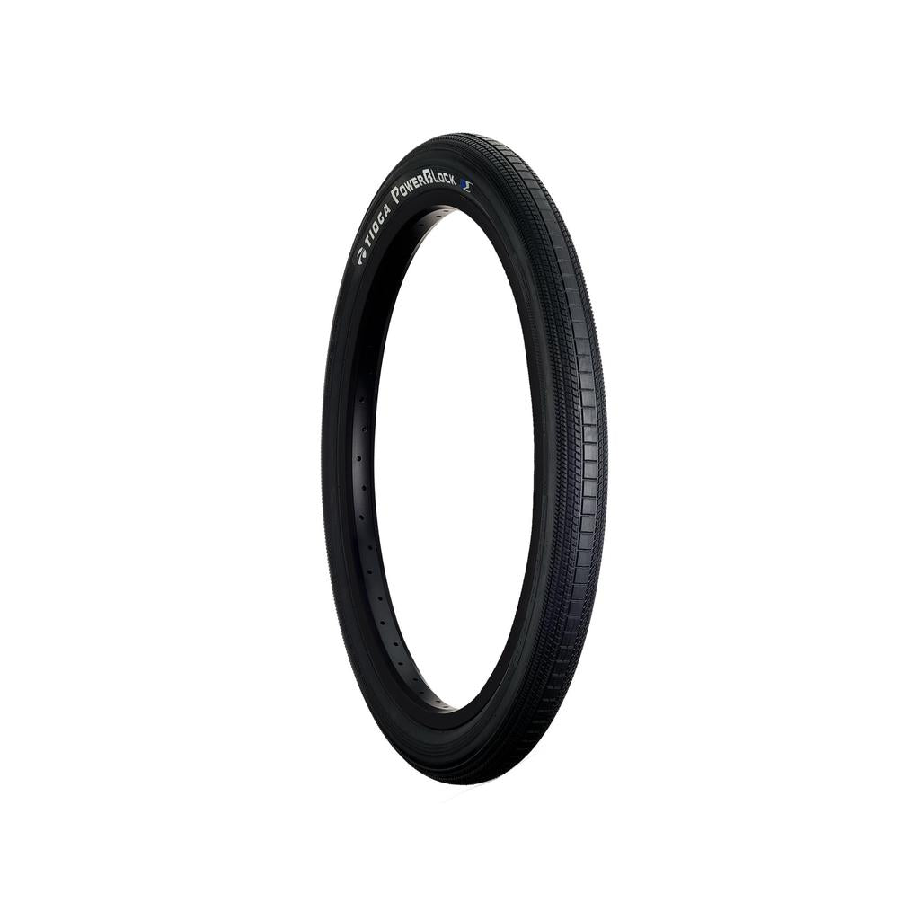 The Tioga Powerblock Tyre (20 Inch) showcases its robust UTP rubber compound and visible treads, with logo lettering on a black surface. The wire bead tire stands upright against a white background for enhanced performance display.