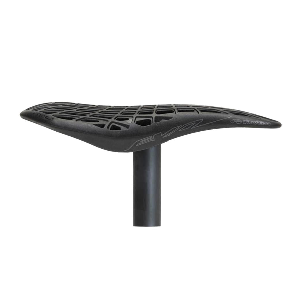 Black Tioga D-Spyder Combo Seat - EVO Airofloat BMX racing saddle with a grid-patterned surface, shown in side profile on a white background.