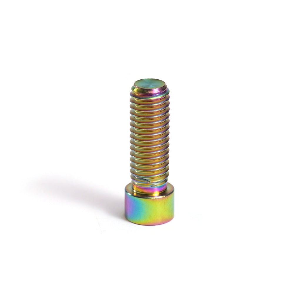A metallic, rainbow-colored Titanium M8 Low Head Stem Bolt from the 6 Pack stands upright on a white background, featuring a hex socket cap—ideal for BMX stems.
