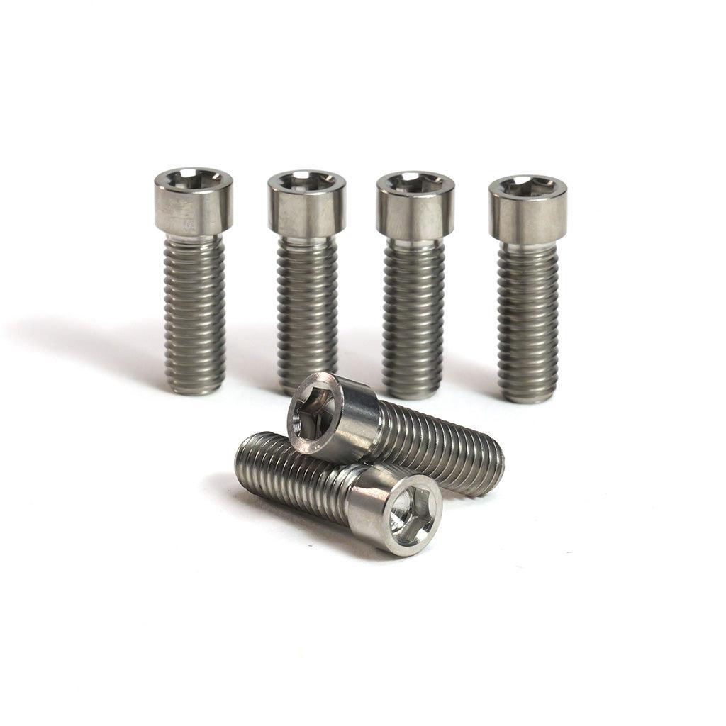 Six Titanium M8 Low Head Stem Bolts (6 Pack) are arranged upright in a row, with two bolts lying horizontally in front of four standing bolts, all displayed on a white background.