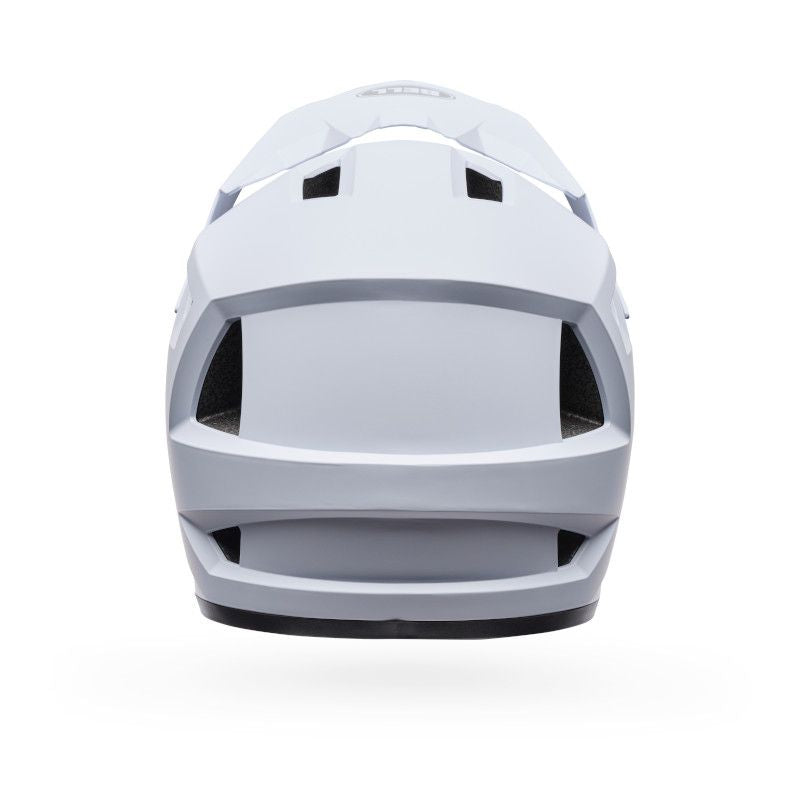 Front view of the Bell Sanction 2 White helmet with a matte finish and multiple vents, ideal as a kids bike helmet, displayed on a white background.
