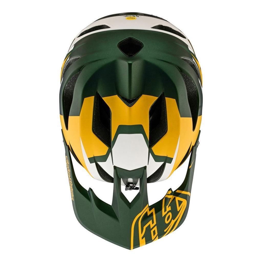 Front view of the TLD 24.1 STAGE MIPS AS Helmet, featuring a green and yellow geometric design with visor, full-face coverage for mountain biking.